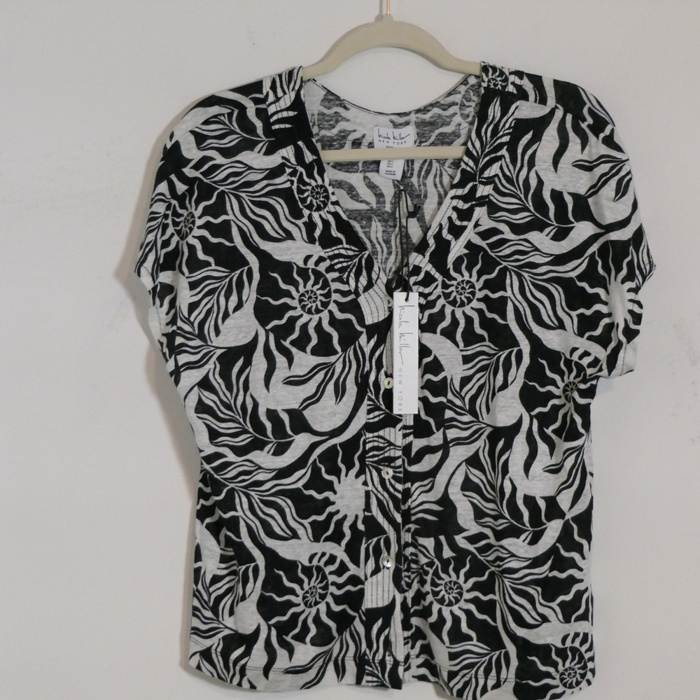 Nicole Miller Women Linen Top L Black White Botanical Coastal Tropical Boho NEW